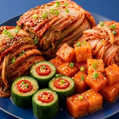 Traditional Korean Spicy Kimchi: Freshly Fermented Red Cabbage in Ceramic Container Isolated on blue Background