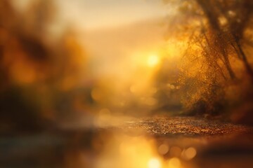 Blurred autumn nature landscape background, serene autumn meadow with birch trees and falling leaves in soft golden sunlight