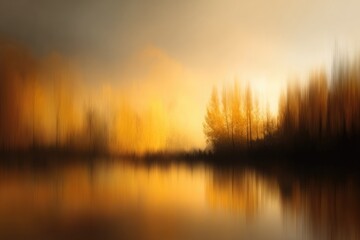 Blurred autumn nature landscape background, serene autumn meadow with birch trees and falling leaves in soft golden sunlight