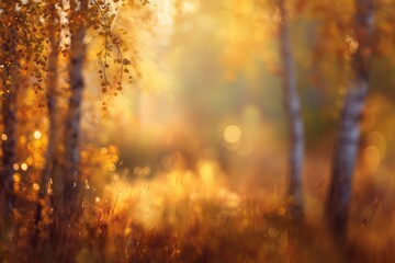 Blurred autumn nature landscape background, serene autumn meadow with birch trees and falling leaves in soft golden sunlight