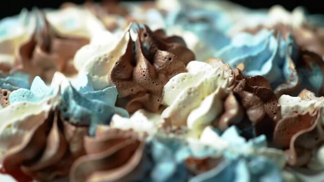 Close-up view of a swirled cake frosting with blue and brown