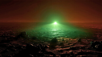 A bright green light on the horizon of Mars, a mysterious signal from an unknown source, a sci-fi concept of a UFO landing or alien contact, a suspenseful scene of discovery on a barren planet.

