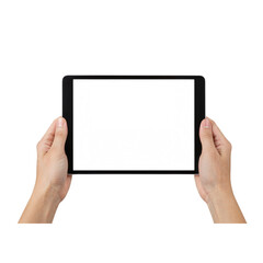Hands holding a tablet device displaying a blurred screen for digital content creation and viewing transparent background
