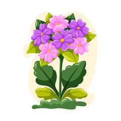 Cartoon vector flowers in pink and purple shades with green leaves. Perfect for floral design, nature and garden decoration.