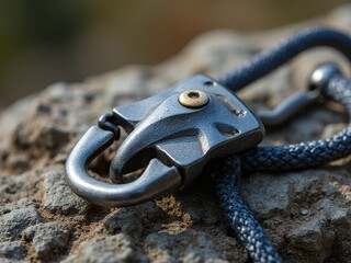 Metallic belay device attached to rope on rock
