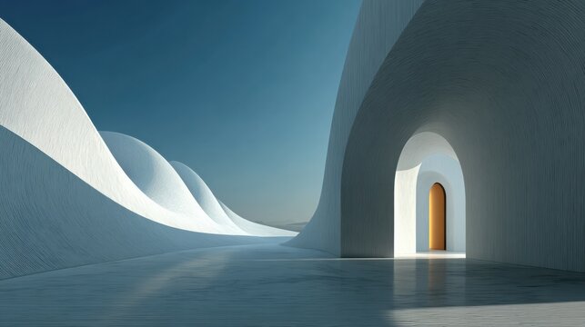 Futuristic architectural design with flowing white curves and a bright arched doorway architecture