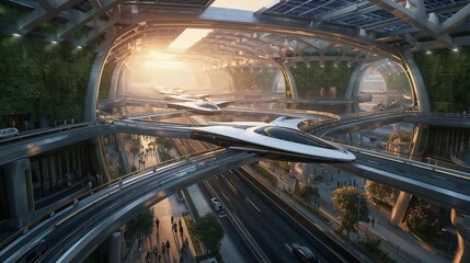 Obraz premium Sustainable Futuristic Transportation Center with Pedestrian-Friendly Design AI generated colors