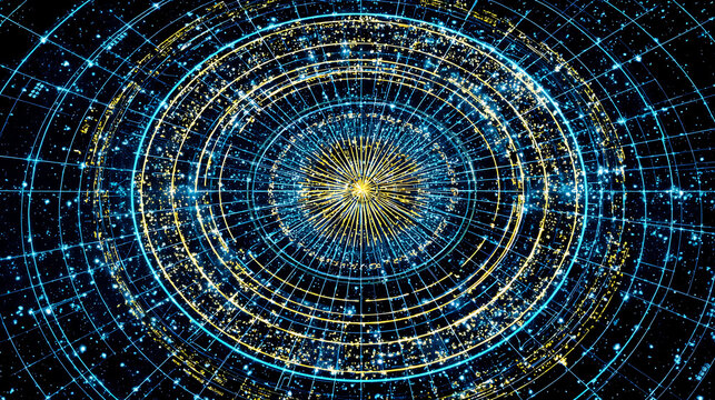 Abstract digital network with concentric rings and glowing nodes on a dark background