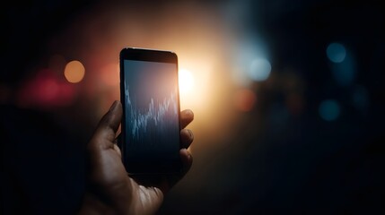 A hand holds a smartphone displaying a financial graph with blurred city lights in the background at night