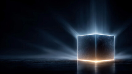 Illuminated Cube: A glowing cube emanating beams of light in a dark, moody scene. An image that is ideal for design concepts.
