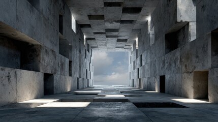 Obraz premium Futuristic Concrete Corridor with Cubed Walls and Sky View abstract tunnel