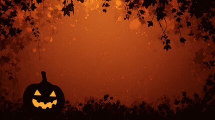 A cheerful jack-o'-lantern is featured in the foreground, surrounded by a warm orange backdrop filled with autumn leaves, perfect for Halloween-themed designs with copy space