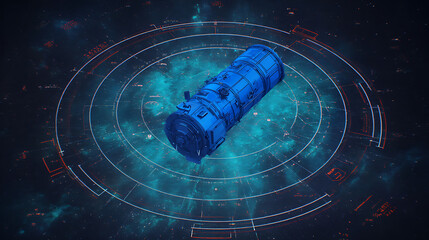 A blue cylindrical spacecraft is displayed on a futuristic holographic interface with concentric rings and glowing elements against a starry space background.