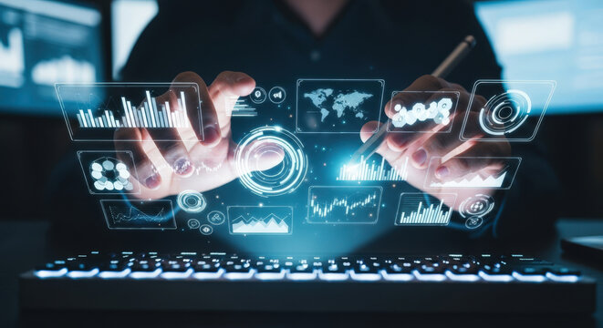 Interactive Data Visualization Interface with Holographic Charts and Graphs, Showcasing Advanced Technology and Data Analysis for Business Intelligence