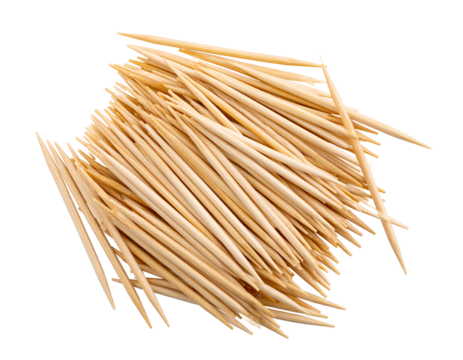 A large pile of wooden toothpicks arranged haphazardly on a clean , showcasing their pointed tips and natural color.