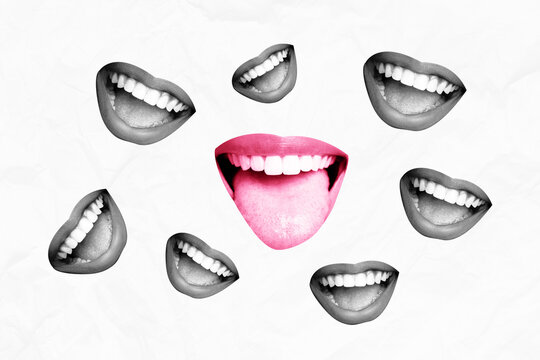 Sketch composite 3D photo collage trend artwork of set many mouth grimace teeth toungue mouth talk speech rumor creative psychedelic