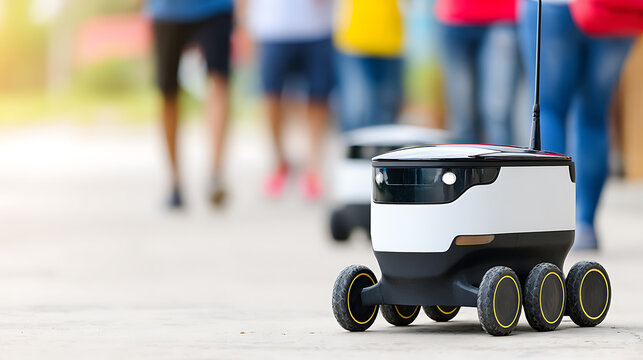 Autonomous delivery robot moving on a sidewalk with people in the background