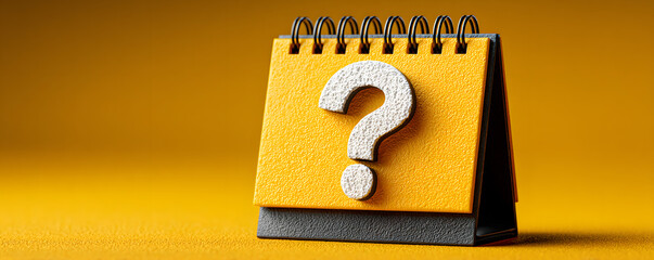 Minimalistic 3D illustration of yellow desk calendar featuring large question mark. Simple graphic design, isolated on white background, highlights time planning, scheduling uncertainty, meeting