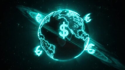 Motion graphics of planet Earth rotating with glowing dollar and euro symbols orbiting around it, representing global finance, international trade, and the interconnected worldwide stock market - Powered by Adobe