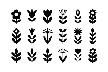 Collection of Black and White Stylized Floral and Leaf Icons