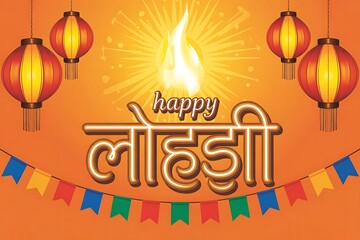 Happy lohri festival greeting with lanterns, fire, and bunting