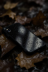 Smartphone with Raindrops on Autumn Leaves &ndash; Waterproof Tech in Nature