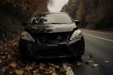Damaged Car After Accident on Autumn Road &ndash; Crashed Vehicle in Foggy Forest