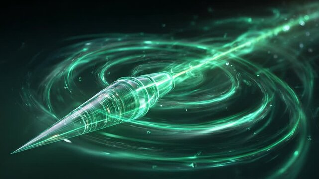Pulsating green laser beam from a futuristic device forms a swirling vortex of glowing plasma and data like particles, evoking high tech energy transmission and sci fi motion