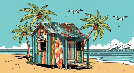 A vibrant surf shack nestled on a sandy beach with swaying palm trees, seagulls soaring above, and gentle waves rolling in, creating a tropical paradise scene