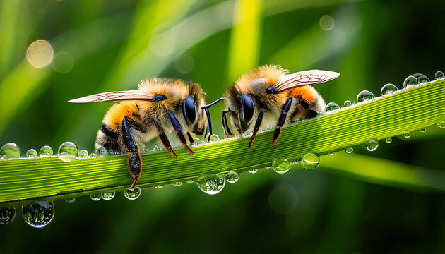 Stunning macro photograph of two honeybees facing each other on a fresh blade of green grass covered in sparkling morning dew drops