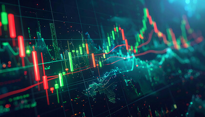 株価の動きを表すカラフルなローソク足チャートが輝く金融取引