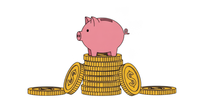 Pink piggy bank atop gold coin stacks
