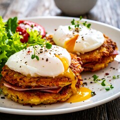 Potato cakes with poached eggs and ham