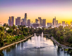Obraz premium City skyline at sunset over a lake