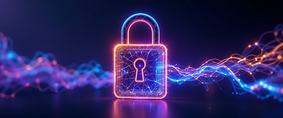 Wireframe 4D padlock glowing with ultraviolet plasma, futuristic minimal style striking golden ans blue purple flacks of light flowing from the right corner,