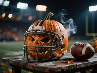 A carved pumpkin with a football helmet and ball on a table at a stadium for Halloween.