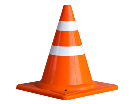 A bright orange traffic cone with white reflective stripes, commonly used for road safety and construction zones.