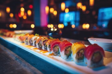 Gourmet sushi rolls on white plate with dramatic bokeh lights background