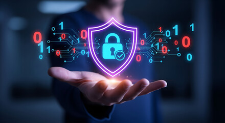 Digital security shield with lock and binary code floating above hand