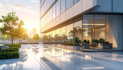Modern glass office building with reflective plaza and trees at sunrise, showcasing urban architecture.