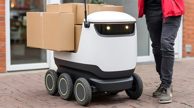 Autonomous delivery robot carrying packages on a sidewalk with a person nearby