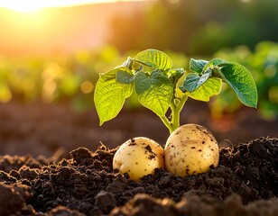 Potato sprouts in fertile soil