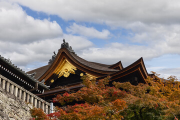 Obraz premium Curved rooftops with gold detailing at Kiyomizudera Temple in Higashiyama-ku, Kyoto, Japan, partially hidden by autumn maple foliage