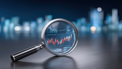 Magnifying glass analyzing financial chart with red and blue candlestick trend, analytical focus