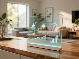 Futuristic transparent smart home hub displaying energy and climate data on a kitchen counter.