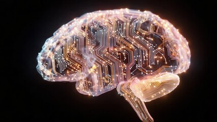 Digital brain rotating and pulsing with flowing electrical signals on a black background, representing concepts like artificial intelligence, machine learning, and advanced technology - Powered by Adobe