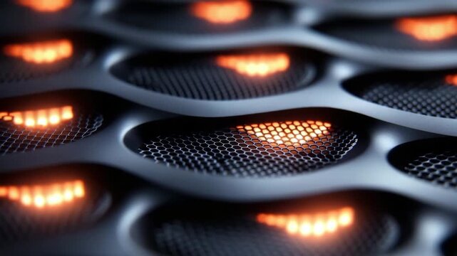 Close-up view of a sleek, modern speaker grill with glowing orange lights in a dark environment, showcasing innovative design and technology