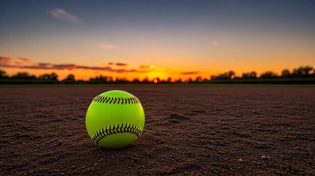 Softball Sunset - A vibrant yellow softball rests on a dirt infield, with a breathtaking sunset casting a warm glow across the background.
