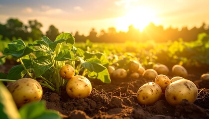 Potatoes growing in a field at sunset