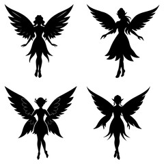 Fototapeta premium Four black silhouette figures of winged fairies in various poses against a white background design element